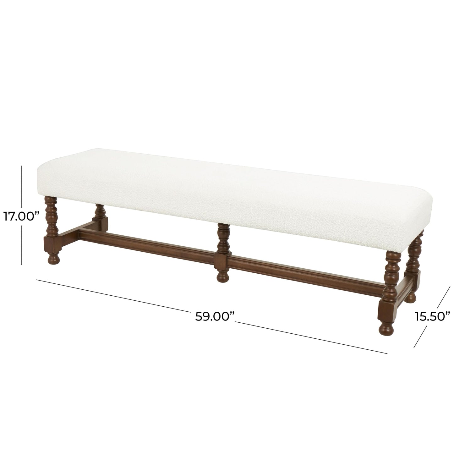 Deco 79 Fabric Home Bench Entryway Bench with Brown Traditional Wood Turned Legs, Bedroom Bench 59" x 16" x 17", Cream