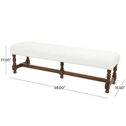 Deco 79 Fabric Home Bench Entryway Bench with Brown Traditional Wood Turned Legs, Bedroom Bench 59" x 16" x 17", Cream