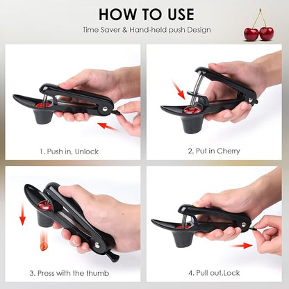Cherry Pitter, 2 Pcs Cherry Pitter Tool, Stainless Steel Cherry Stoner, Cherry Core Remover with Hand-held Push Design, Multi-Use Household Kitchen Gadget for Cherry, Jujube, Olive,Black+Red