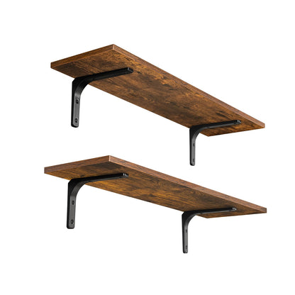 DINZI LVJ Long Wall Shelves, 23.6 Inch Wall Mounted Shelves Set of 2, Easy-to-Install, Wall Storage Ledges with Sturdy Metal Brackets for Living Room, Bathroom, Bedroom, Kitchen, Rustic Brown