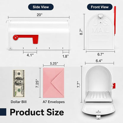 Mailbox for Outside,Metal Post Mount Outdoor MailBoxes - with Tools,Screws,Number Stickers,Red Flag Indicated,Medium Capacity,Galvanized Steel,Waterproof Mail Box for House Outside,20 x 8.7 x 6.7 ”
