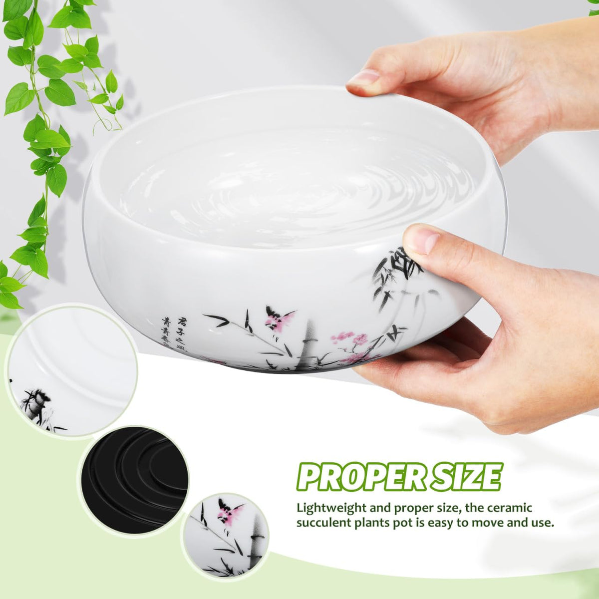 Homoyoyo Ceramic Lotus Bowl, Planter Hydroponic Water Lily Bowl 6.9In Aquatic Plant Pot Wide Shallow Bonsai Planter Succulent Pot Chinese Style Flower with Plastic Base for Indoor Plants Garden