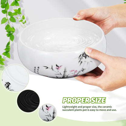 Homoyoyo Ceramic Lotus Bowl, Planter Hydroponic Water Lily Bowl 6.9In Aquatic Plant Pot Wide Shallow Bonsai Planter Succulent Pot Chinese Style Flower with Plastic Base for Indoor Plants Garden