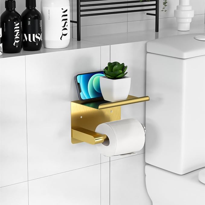 GLNLQ Brushed Gold Toilet Paper Holder Wall Mount, Fits Mega Rolls Size Rustproof Self Adhesive Brushed Brass Toilet Paper Holder Gold with Shelf