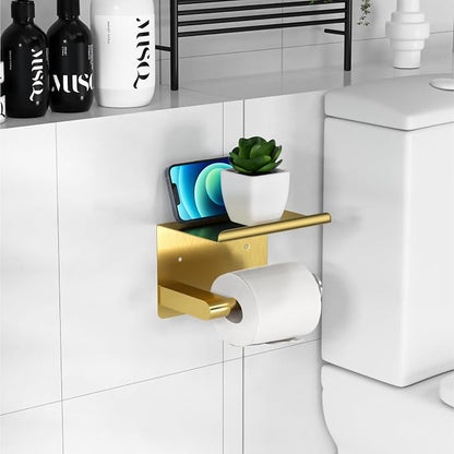 GLNLQ Brushed Gold Toilet Paper Holder Wall Mount, Fits Mega Rolls Size Rustproof Self Adhesive Brushed Brass Toilet Paper Holder Gold with Shelf