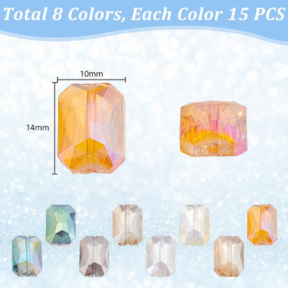 PH PandaHall 120pcs 8 Colors Faceted Glass Beads, 14x10mm Iridescence Flat Beads Rectangle Crystal Bead Large Loose Craft Spacer Bead for DIY Jewelry Bracelet Necklace Earring Keychain Making Crafts