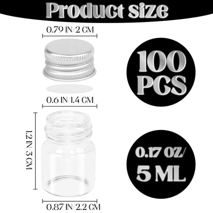 ZSDRTYU Small Glass Jars With Lids, 100 Pack 5ml Small Jars Mini Jar With Lids Glass Bottles Mini Bottles For Diy Art Craft Storage (Silver)