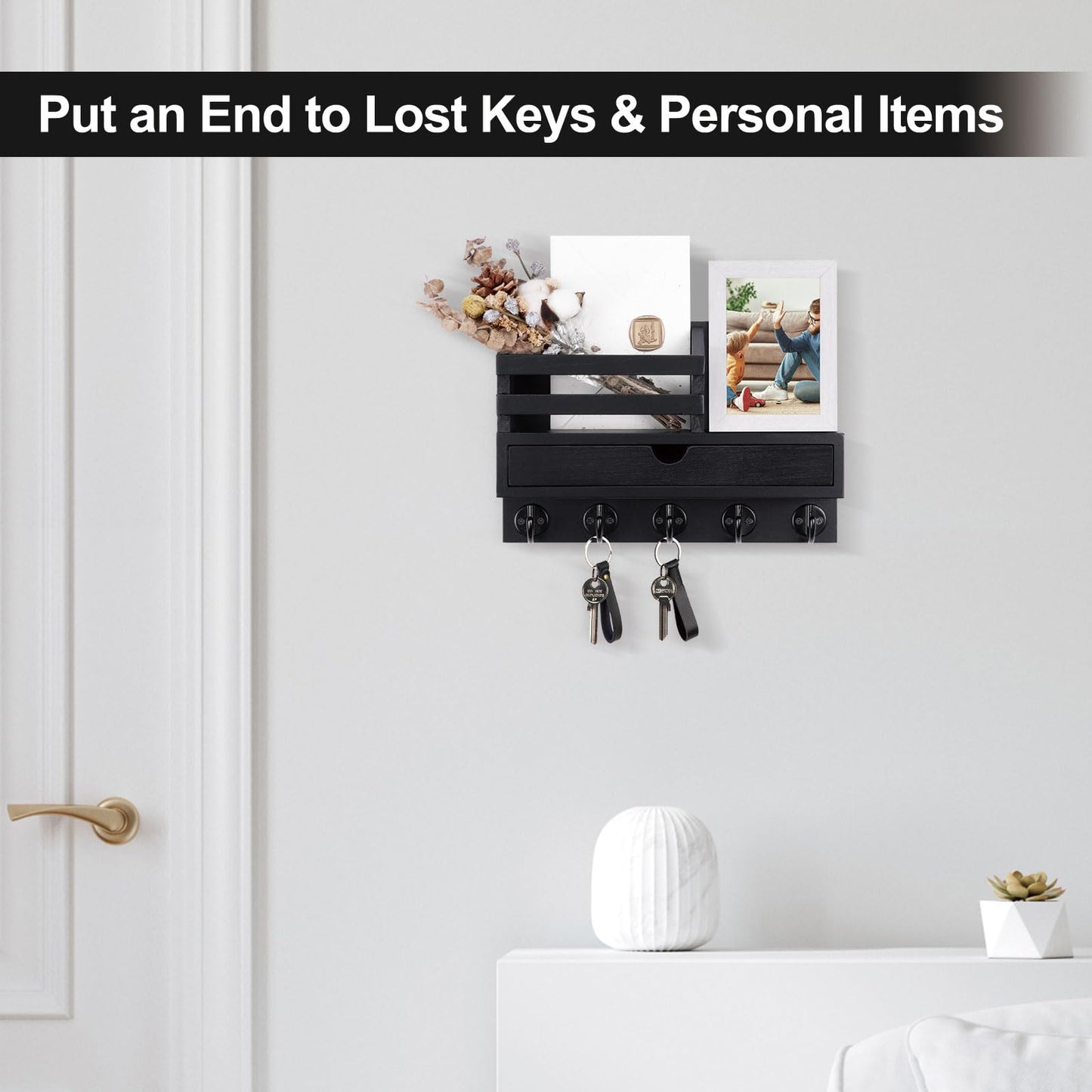 Lucundm Key Holder Wall Mount, Mail Holder with Storage Drawer and 5 Key Hooks for Coat, Dog Leash, Home Decor Rack, House Accessories, Entry Way Organizer