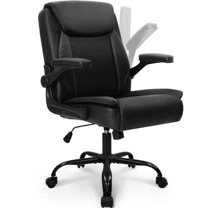 NEO CHAIR Desk Office Gaming Computer Chair Ergonomic Executive Mid-Back Leather with Adjustable Padded Flip-Up Armrests Cushion Wheels Swivel for Home Study Task (Black White)