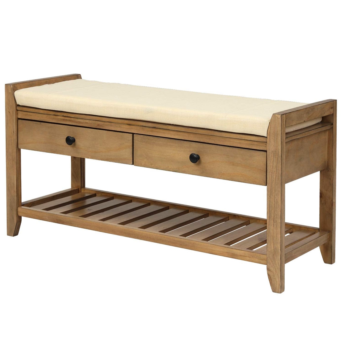 SPOFLYINN FQGXX_KITHJGUJW Gray White with Cushion Wooden Shelf Drawer Living Room Shoe Rack Bedroom Storage Seating Bench, One Size, Old Pine
