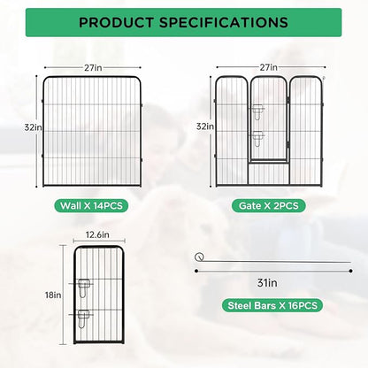 BestPet | Dog Playpen | 32 Inch, 16 Panels | Heavy Duty Metal Pet Exercise Pen | Indoor Outdoor Fence Panels | Rust-Resistant, Removable, Tool-Free Setup | Anti-Skid, Expandable Design