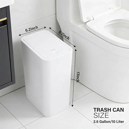 Compact Push-in Trash Can with Lid for Bathrooms, Kitchens, Living Rooms, Offices, Etc., Trash Can with Pop-Up Lid, 10 Liter/2.6 Gallon Slimline (White)