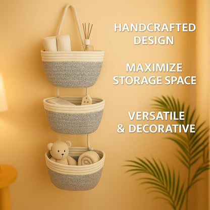 Japanese Handmade Cotton Rope Hanging Basket Organizer – 3 Tier Wall boho Storage Organizer for Toys , Snacks & Décor – Eco-Friendly Coiled Weaving Craft, Housewarming & Shower Gift (White&beige)