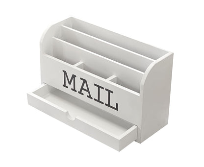 Cregugua White Desk Organizer Wooden Mail Storage box for tabletop office home,5 compartments with Drawer (4x11.8x7 in)