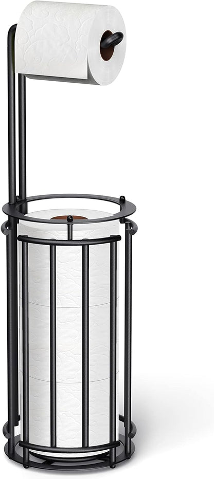 Meangood Toilet Paper Holder Stand and Tissue Paper Roll Dispenser for 4 Mega Rolls, Bathroom Free Standing Tissue Roll Storage Holder Rack, Detachable (Matte Black)