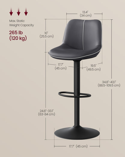 VASAGLE Bar Stools Set of 2, Adjustable Height Swivel Barstools with Ergonomic Backrest, Synthetic Leather, Larger Metal Base, Modern Tall Bar Chairs for Kitchen Island Home Bar, Ink Black