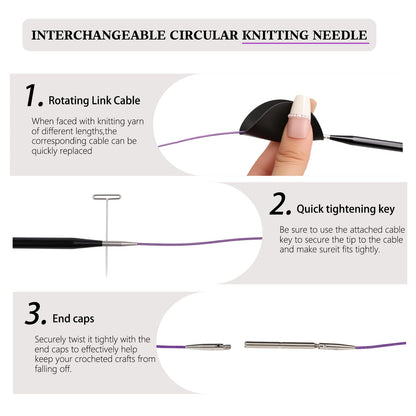 Interchangeable Circular Knitting Needles Set Aluminum 9 Sizes (3.0-6.0mm) Aluminum Circular Needles Kit with Cables, Tapestry Needles & Accessories Portable Craft Tools