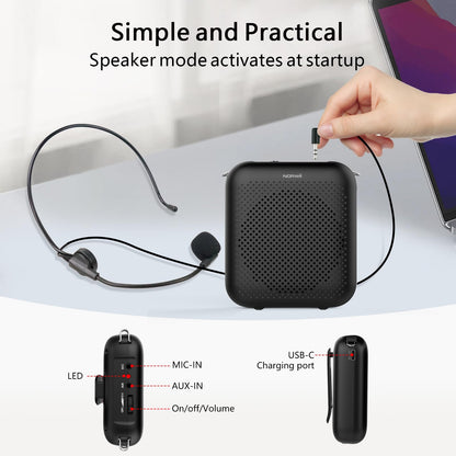 Norwii Bluetooth Voice Amplifier, Power Amplifiers, Portable Mini Wired Microphone Headset for Teacher Classroom & Outdoor Lectures, Teaching, Tour Guides, USB-C Rechargeable - 4000mAh, Black