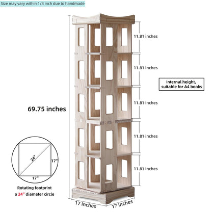 unununu Wooden Rotating Bookshelf, Larger Solid Wood Revolving Bookcase,360°Spinning Book Shelf Tower,Floor Standing Storage Rack,Corner Organizer for Small Space,Study,Office,17"x17"x69.75"(5-Tier)