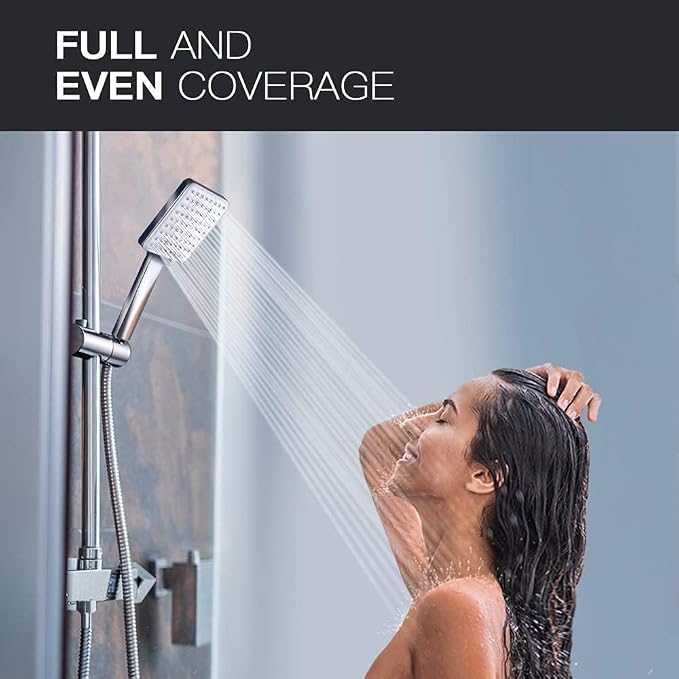 Newentor® Handheld High Pressure 6 Spray Modes/Settings Detachable Chrome Finish Square Shower Head with Stainless Steel Hose and Multi-Angle Adjustable Shower Stand