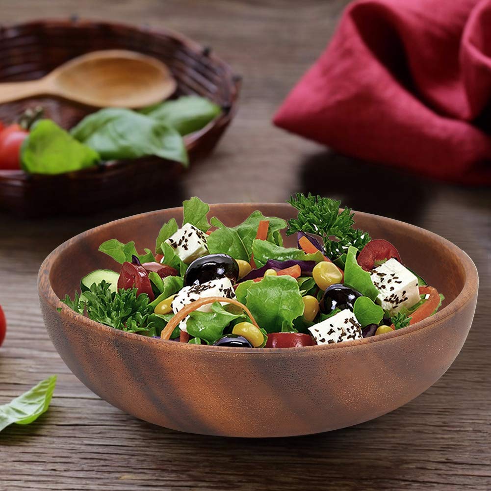 FAUOSWUK Wooden Salad Bowl, Fruit Bowls for Kitchen Counter, 9.1oz Wavy Rim Beechwood Serving Bowl for Home Cafe Restaurant Teahouse (6.9" x 1.6")