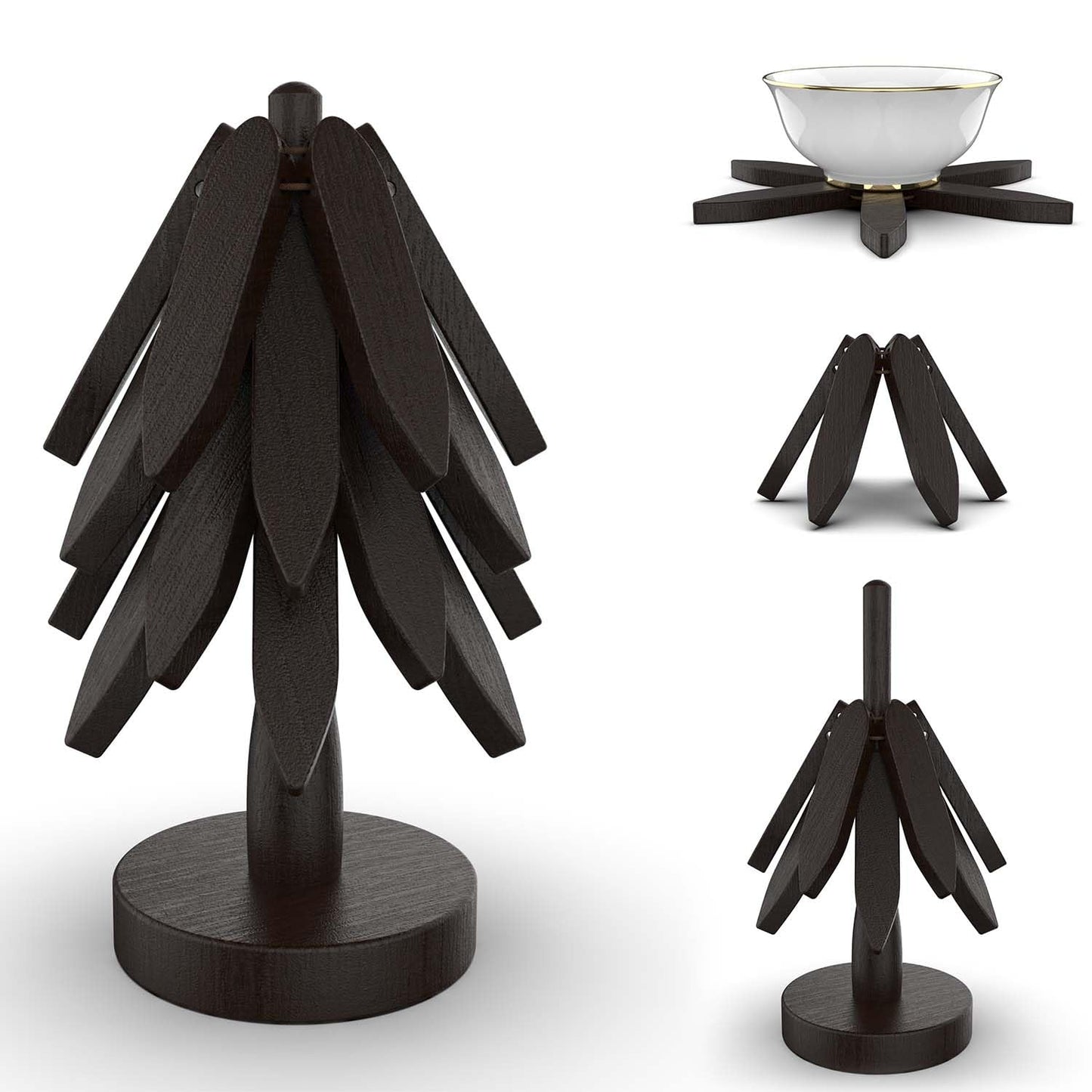 Wooden Trivets for Hot Dishes,Tree Shape Trivet Set, 4 Wooden Trivets+1 Stand, Natural FoldableKitchen Wooden Trivet for Hot Dishes、Pot、Bowl、Teapot、Hot Pot Holders (Black)