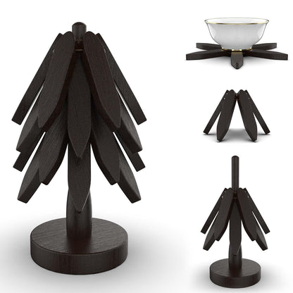 Wooden Trivets for Hot Dishes,Tree Shape Trivet Set, 4 Wooden Trivets+1 Stand, Natural FoldableKitchen Wooden Trivet for Hot Dishes、Pot、Bowl、Teapot、Hot Pot Holders (Black)