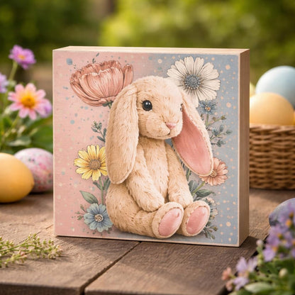Easter Bunny Wooden Block Sign, Cute Floral Spring Farmhouse Decor Shelf Sitter for Table Mantel Tiered Tray, Pastel Easter Home Accent Gift