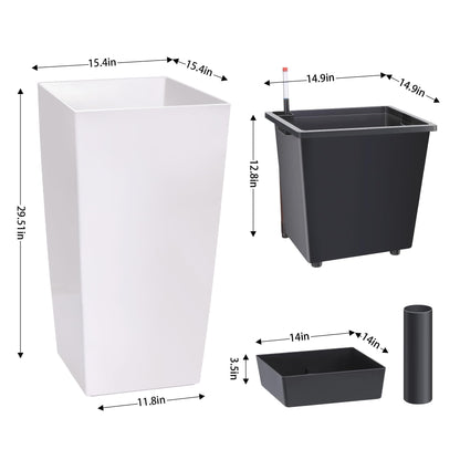 30 Inch Tall Self Watering Planters Set of 2, Outdoor Plant Pots with Automatic Watering System, Water Level Monitor, Drainage, Wheels & Inner Bucket, for Front Porch & Indoor Plants White