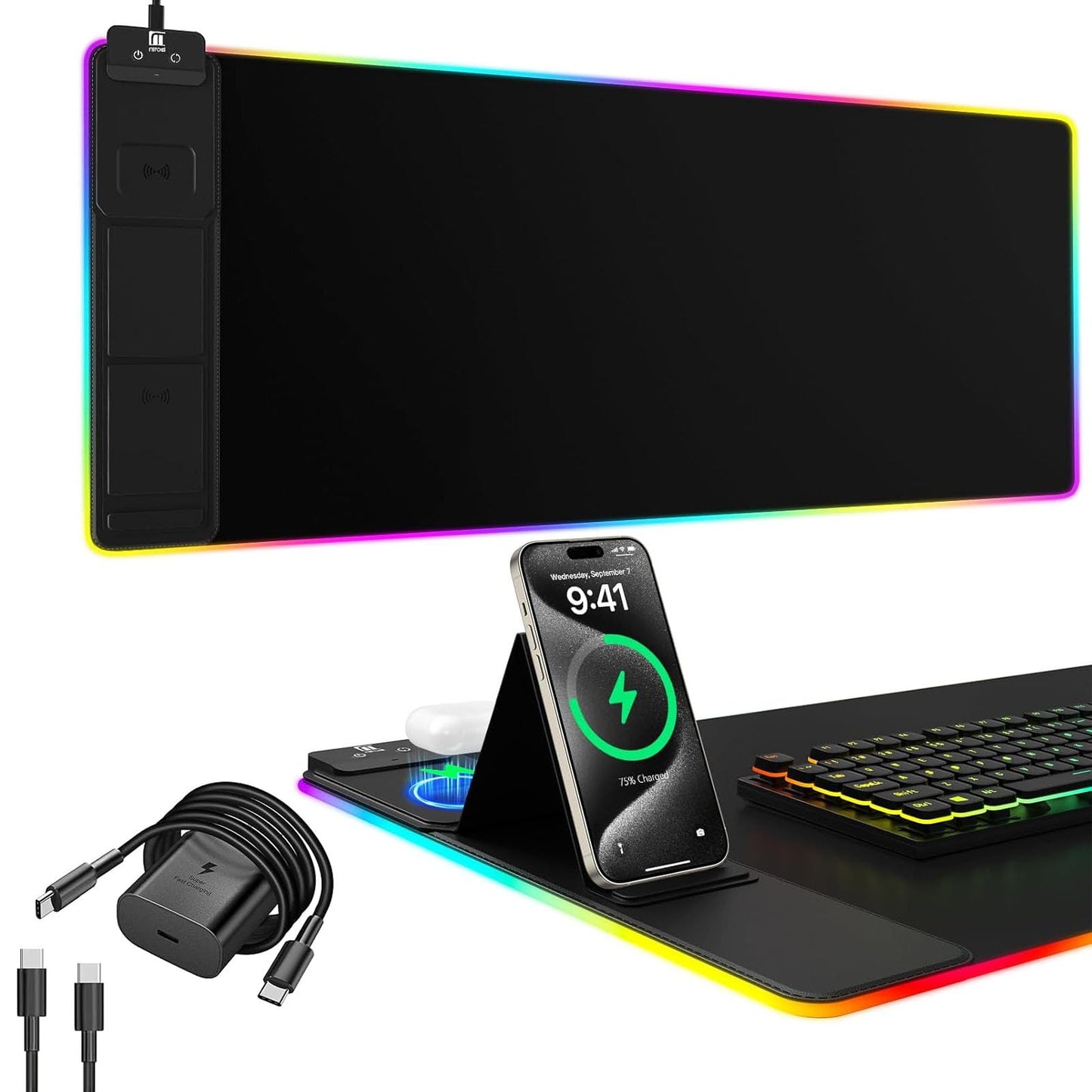Mouse Pad with Wireless Charging, Large Desk Mat RGB Gaming Mousepad, 10 Light Colors LED Gaming Pad Keyboard Pad with Ultra-Smooth Surface & Non-Slip Rubber Base, Waterproof Full Desk Mouse Pad