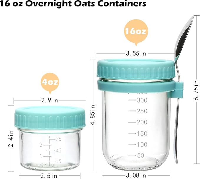 4 Pack Overnight Oats Containers with Lids and Spoons，16 Oz Glass Mason Jars for Overnight Oats Jars, Leak Proof oatmeal Container Meal Prep Jar for Cereal Salad Milk Yogurt Vegetable