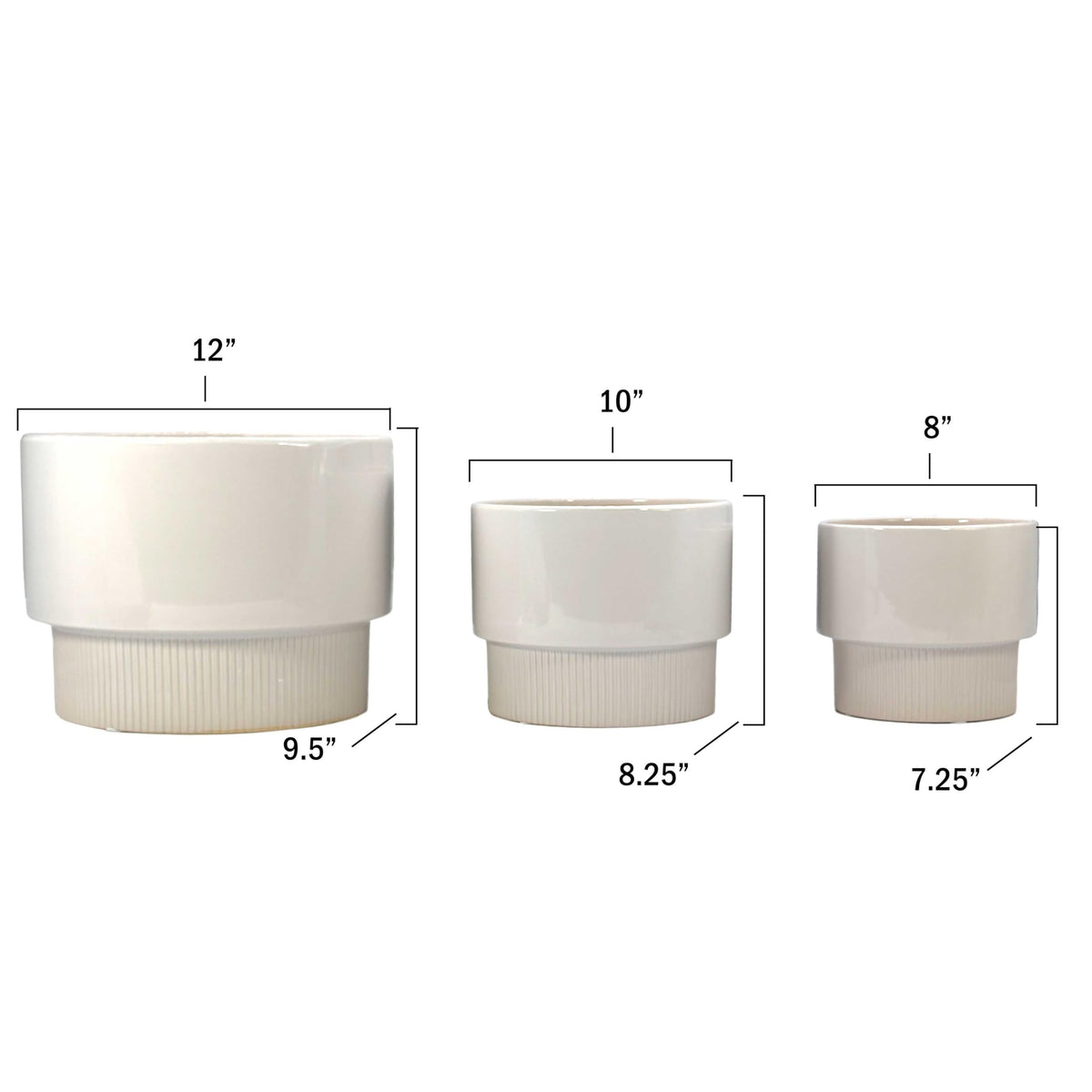 Galt International Set of 3 (8", 10", 12") Mid Century Modern Off White Flat Ribbed Ceramic Planter Pots Flower Pot Indoor House Plants Decor w/Drainage Hole & Plug