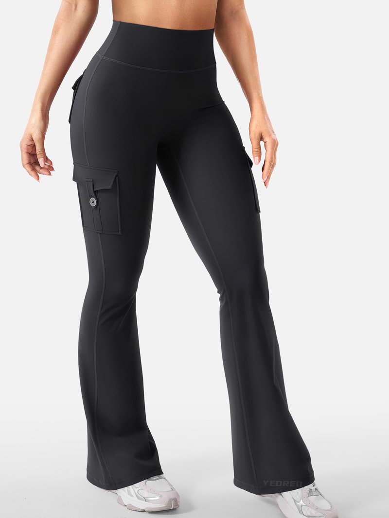 YEOREO CoreFlex Women Workout Flare Leggings with Pockets Hidden Scrunch Cargo Gym Yoga No Front Seam Leggings Black XS