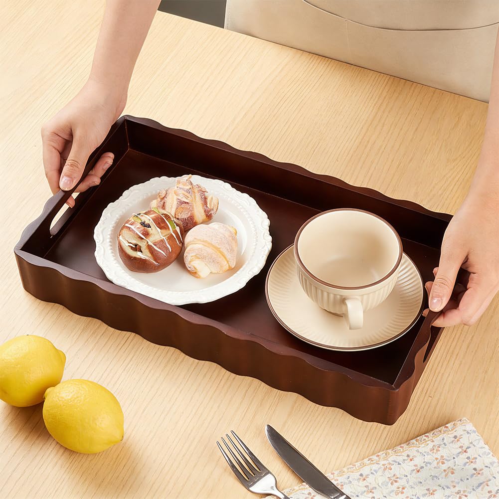 MAYJOYDIY Wooden Serving Tray with Handle 15.7 x 9.2 x 2 Inch Rectangle Wood Decorative Tray Cloud Shape Serving Platter for Afternoon Tea Cosmetics Coffee Cup Aromatherapy Toiletries