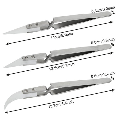 6 Pcs Precision Ceramic Reverse Solder Tweezers, Non-Conductive, Anti-Magnetic Pointed & Curved Tips Tweezers Set, Cross Lock Fiber Grip Soldering Tool, Heat-resistant Electronics Tweezers