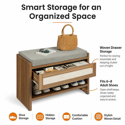 GarveeHome 2 Pack 31" Rattan Entryway Shoe Bench with Storage Drawer & Padded Linen Seat – Farmhouse Wicker Bench Organizer for Hallway, Front Door & Bedroom,Caramel Oak
