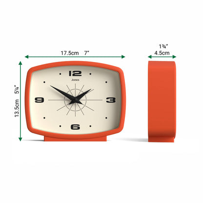 JONES CLOCKS® Film Desk Clock | Retro Rectangular Design | Orange | Retro Design, Blending mid-Century Style with a Punchy Modern Finish for Shelf, Table, Mantel or Bedside