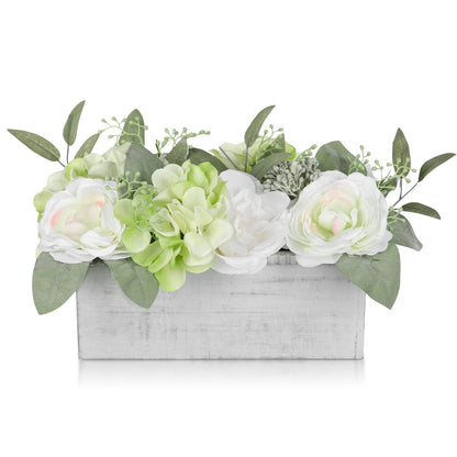 DILATATA Flower Arrangement with Wooden Vase 10" Artificial Flowers in Pot - Fake Flowers in White Rectangular Wooden Vase Potted Faux Flower Centerpieces for Table Decor Living Room - White