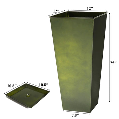 Worth Garden 25" Large Metal Glazed Planter Set of 2, Luxurious Glossy Finish Green Tall Square Tapered Steel Plant Pots, Decor Flower Pot Indoor & Outdoor, Drainage Hole & Dual-Purpose Plant Saucer
