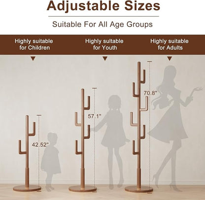 Muwuele Solid Wood Cactus Coat Rack, Freestanding Coat Rack With 6 L-Shaped Hooks and 3 Adjustable Sizes, Coat Tree for Bedroom, Entryway, Livingroom, Coat Hanger Stand for Coats, Handbags (Walnut)