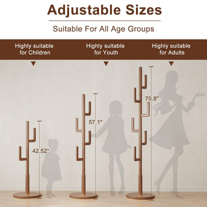 Muwuele Solid Wood Cactus Coat Rack, Freestanding Coat Rack With 6 L-Shaped Hooks and 3 Adjustable Sizes, Coat Tree for Bedroom, Entryway, Livingroom, Coat Hanger Stand for Coats, Handbags (Walnut)