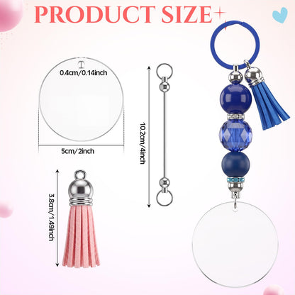 Trnayi 104 Pcs Beadable Acrylic Keychain Blanks Set, Including 26 Clear Acrylic Round Blanks 26 Keychain Ring 26 Tassels 26 Beading Rod for DIY Key Chain Crafting Project Gifts