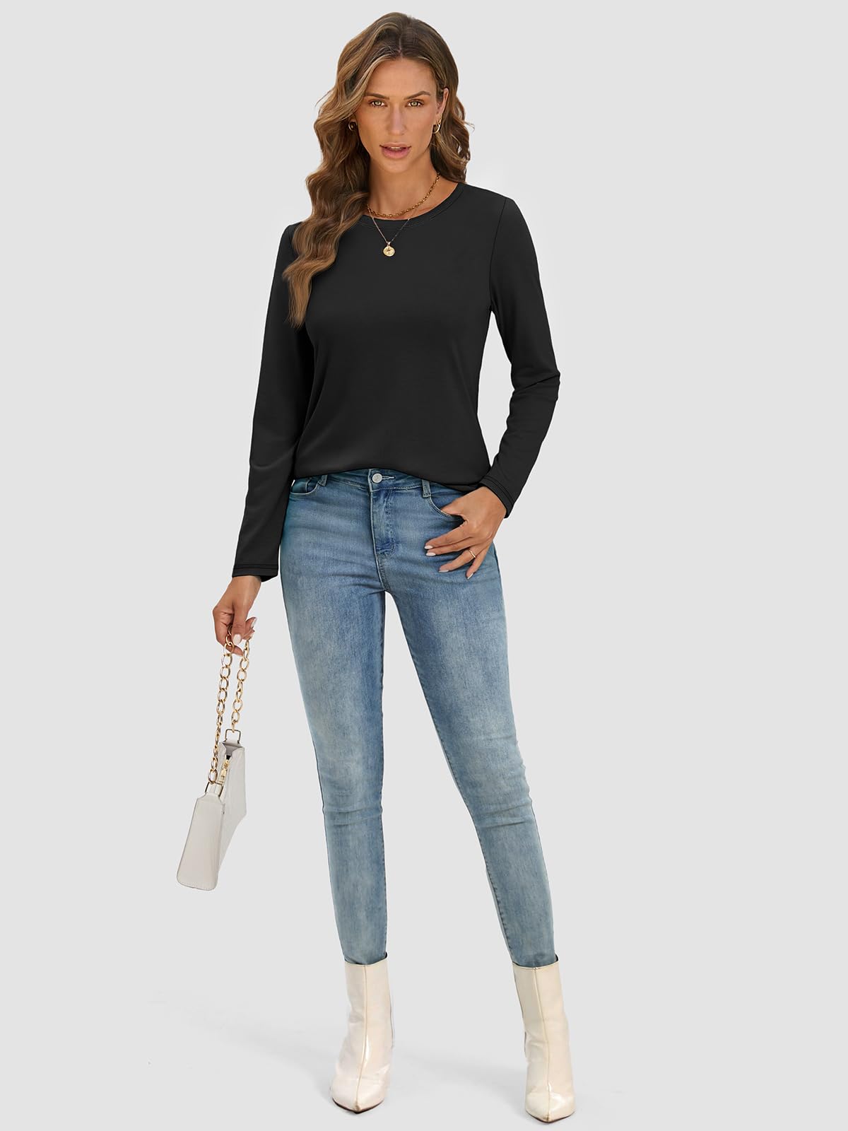 ATHMILE Ladies Loose Fit Basic Tee Fall Outfits 2025 Women Underscrub Long Sleeve Tops Fashion Crew Neck Shirts Fall Blouse Trendy Black