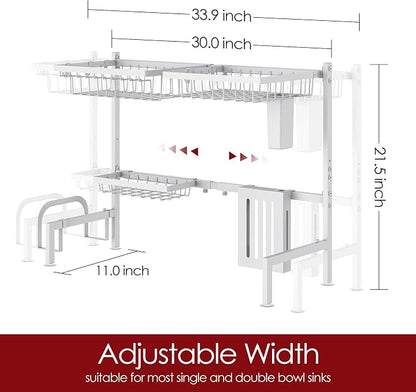 Sakugi Over The Sink Dish Drying Rack - Adjustable 2 Tier Large Capacity Stainless Steel Drainer with Cutlery & Utensil Holders, Kitchen Storage & Organization, 30"-33.9" L x 11" W x 21.5" H, White