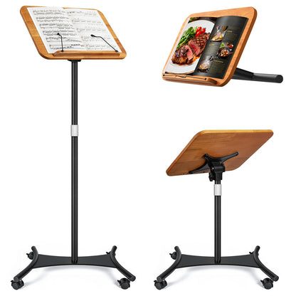 2 in 1 Dual-use Music Stand & Desktop Book Stand, Adjustable Height 16.5"-51", 100% Solid Wood Laptop Floor Stand Book Holder with Elastic Page Clips for Cookbooks (Brown-Wheeled)