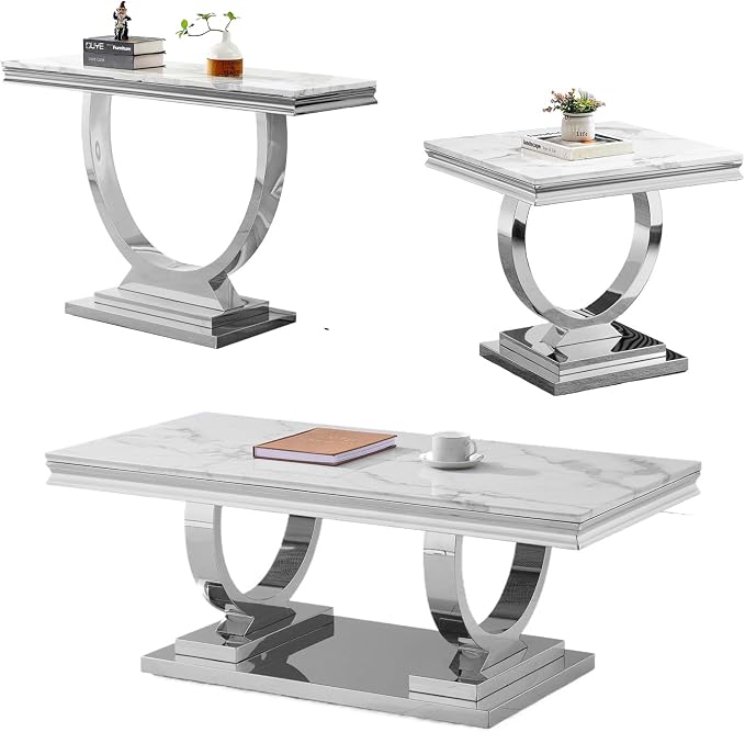 3 Piece Living Room Table Set Include 1 Faux Marble Coffee Table & 1 End Table & 1 Console Table, Modern White Silver Coffee Table Set of 3 with Double O Shape Stainless Steel Pedestal Base