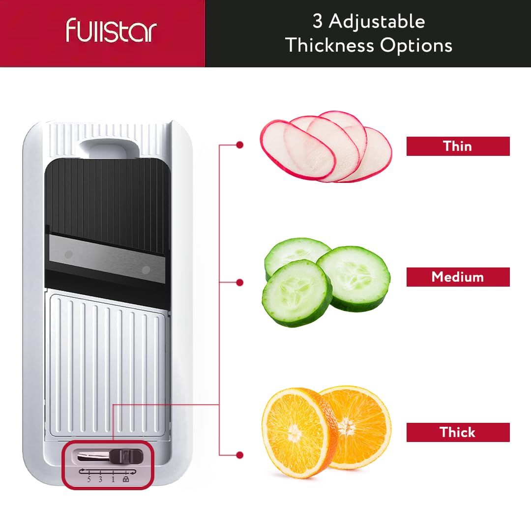 Fullstar All-in-1 Vegetable Chopper and Mandoline Slicer for Kitchen - Cheese Grater, French Fry Cutter, Cheese Slicer - Bonus Handheld Spiralizer Included (6 in 1, Black/White)