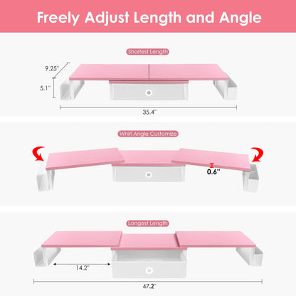 Dual Monitor Stand Riser With Drawer & Metal Leg, Large Desk Shelf For 2 Monitors w/ Adjustable Length & Angle, Desktop Organizer For Laptop/TV/Printer