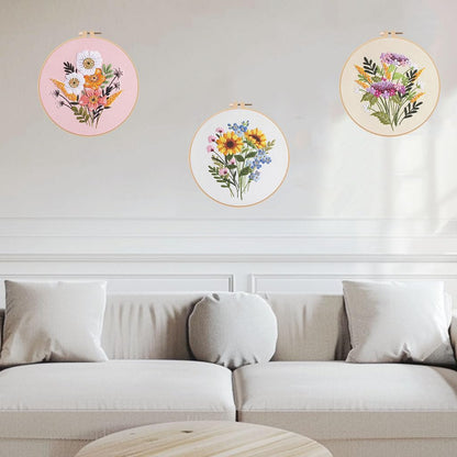 Offizon 3 PCS Embroidery Kit for Beginners - Cross Stitch DIY Craft Set, Flower Embroidery Accessories & Hoop Included, Hand Embroidery Kit for Adults Stitching Sewing Kit Gift | FlowerB Patterns