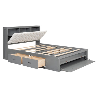 Merax Queen Size Bed Frame with Upholstered Storage Headboard, Rustic Wood Platform Bed with Four Drawers and Shoe Rack, Sturdy Wooden Slats Support, No Box Spring Needed, Easy Assembly, Gray